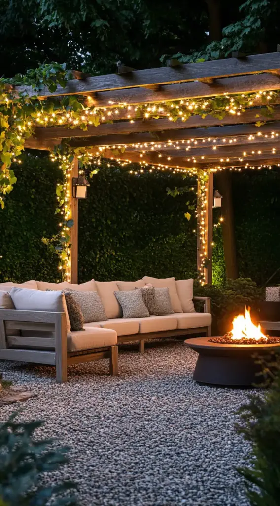 Pergola with Fairy Lights and Fire Pit