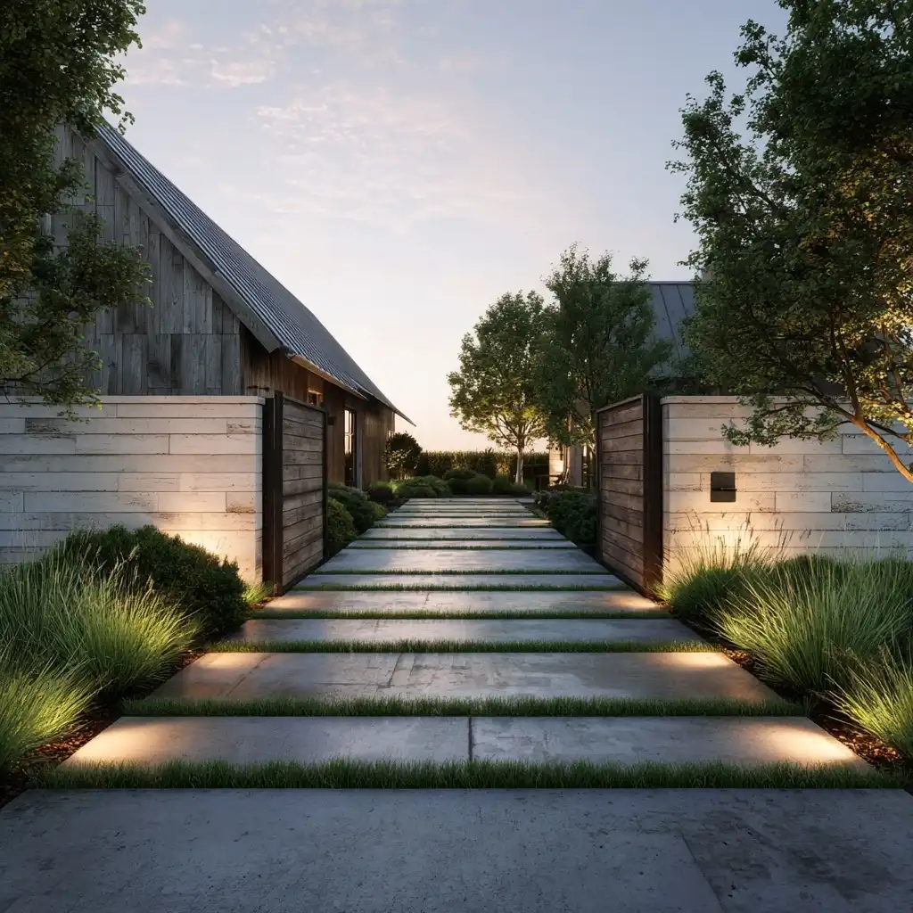 Contemporary farm entrance with alternating concrete slabs and green grass inserts
