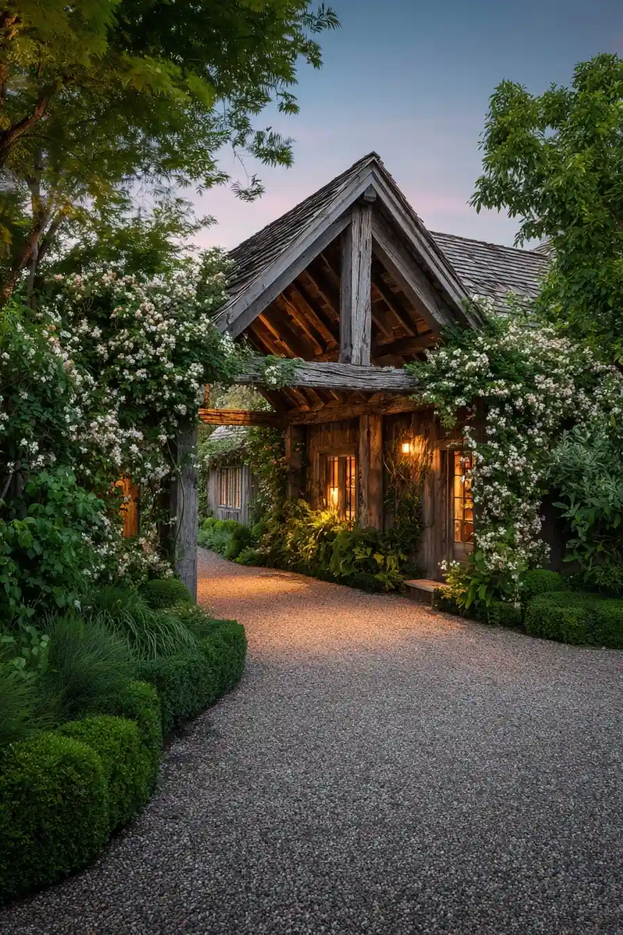 Wooden arbor covered with blooming roses and wisteria over a gravel farm driveway