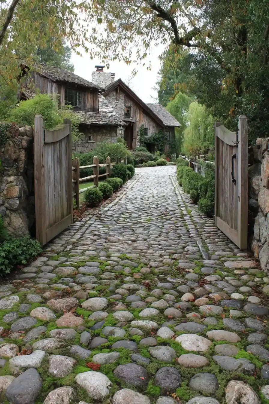 Weathered cobblestone driveway with moss and thyme between stones leading to a wooden gate