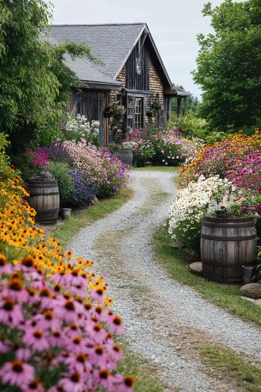 Driveway surrounded by colorful flower beds including daisies, coneflowers, and wooden barrels