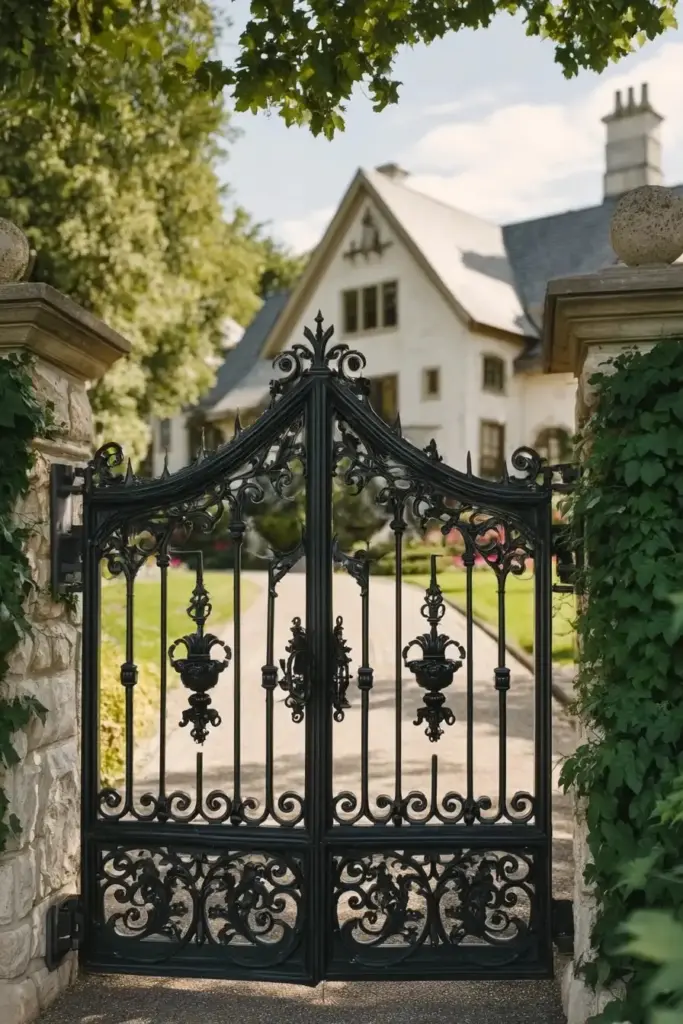 Elegant Black Metal Gate with Ornate Details