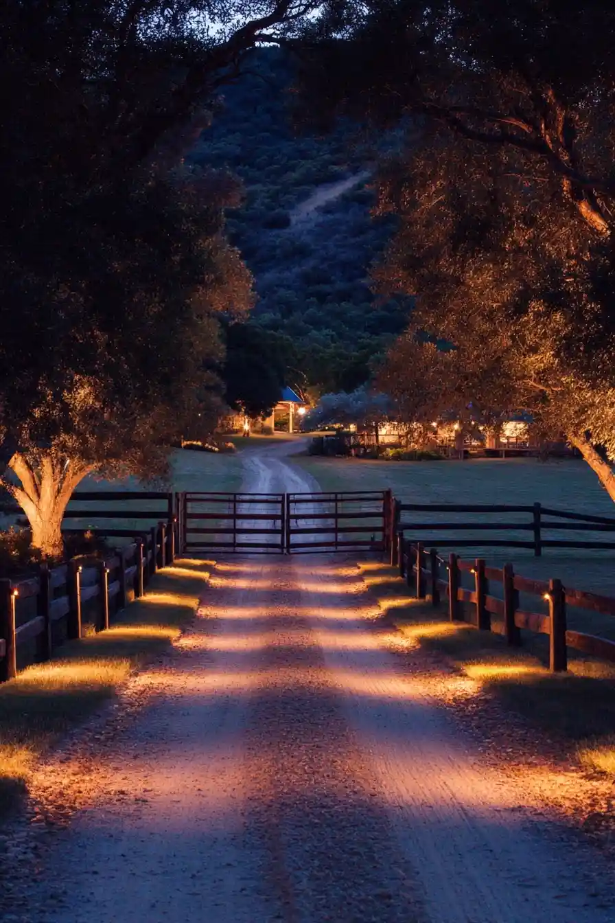 Farm gate lit with warm LED pathway lights and vintage-style lanterns at dusk