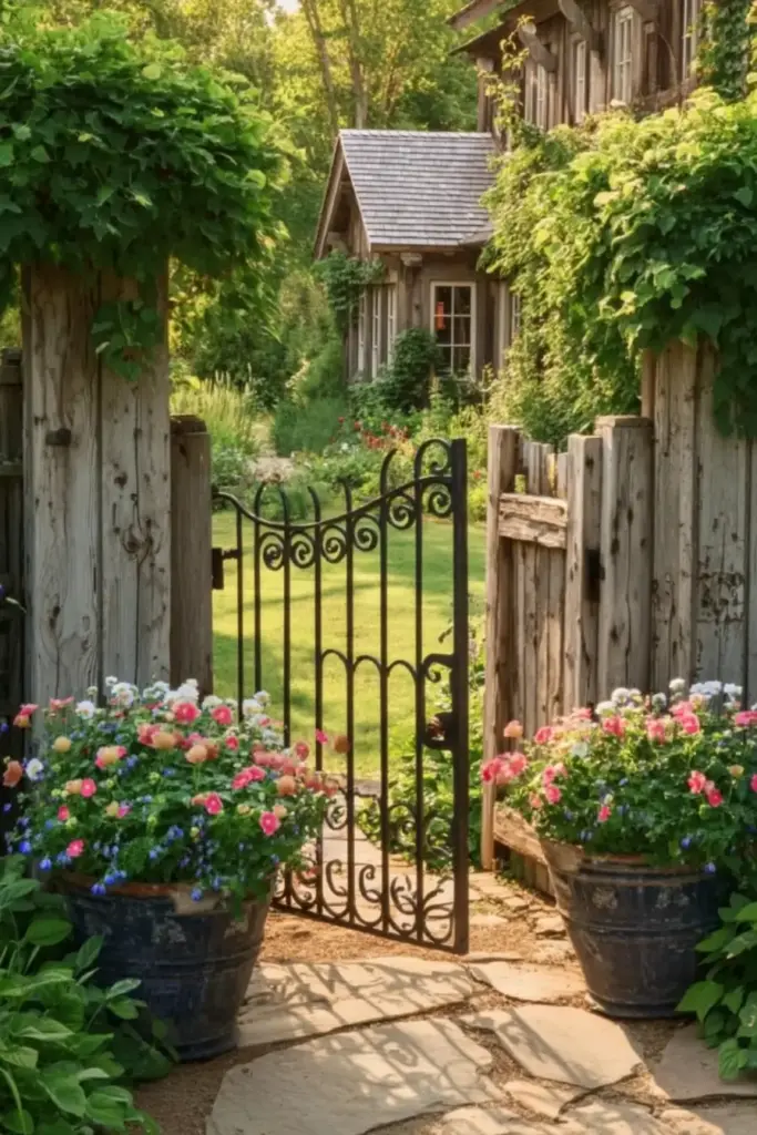 Country-Style Gate with Flanking Planters