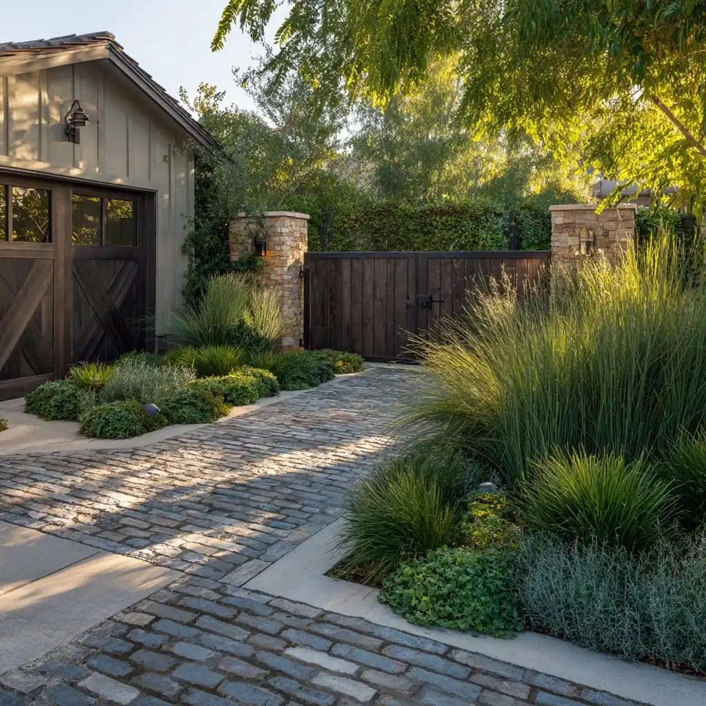 Stone paver driveway bordered by ornamental grasses and native shrubs
