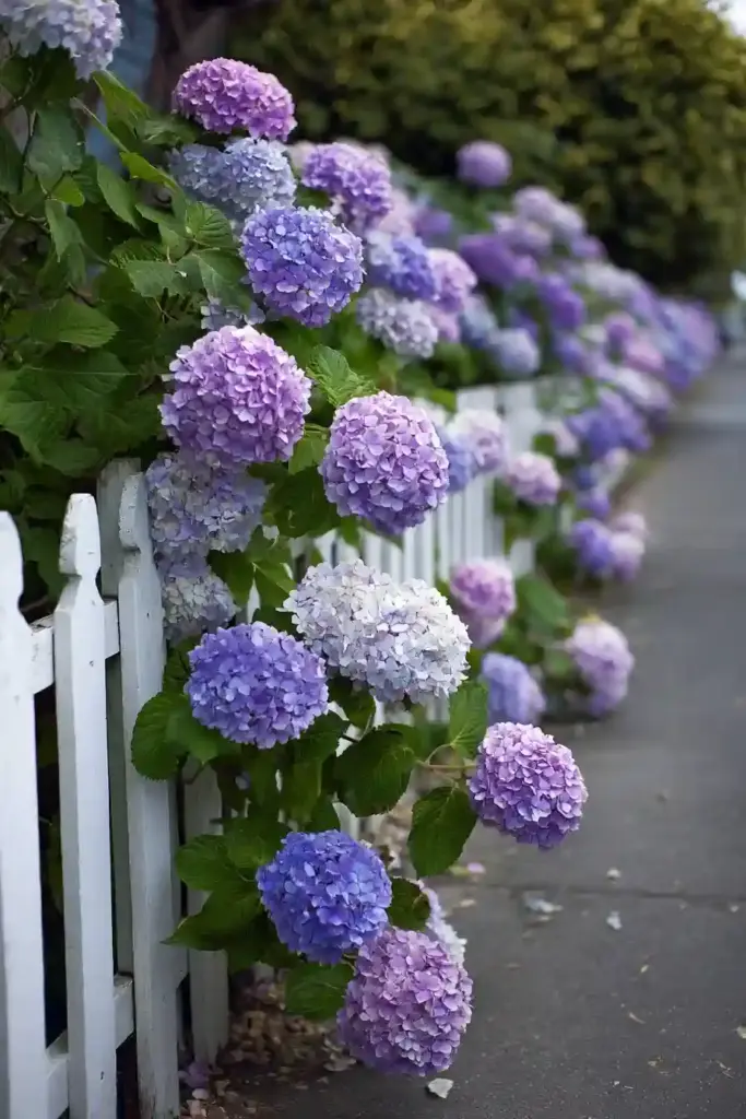 Hydrangeas Along a Fence Line