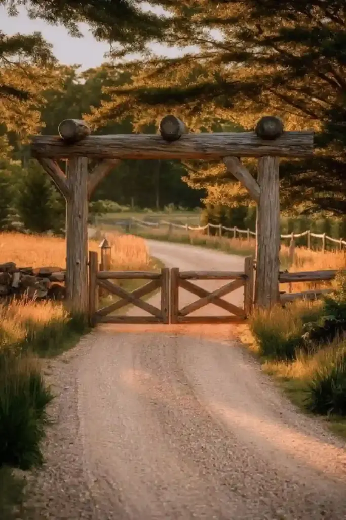 Rustic Wooden Gates With Overhead Beam Arch