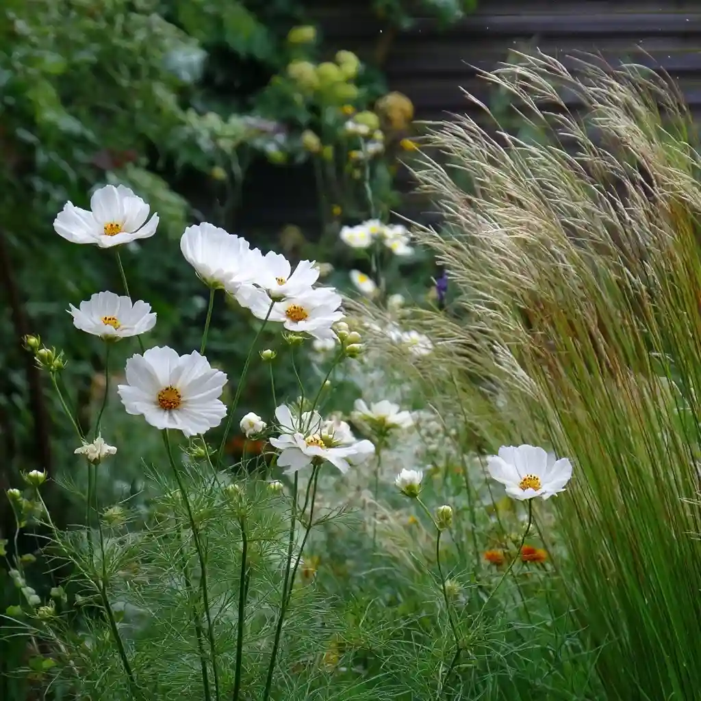 Serene White Flower and Grass Garden