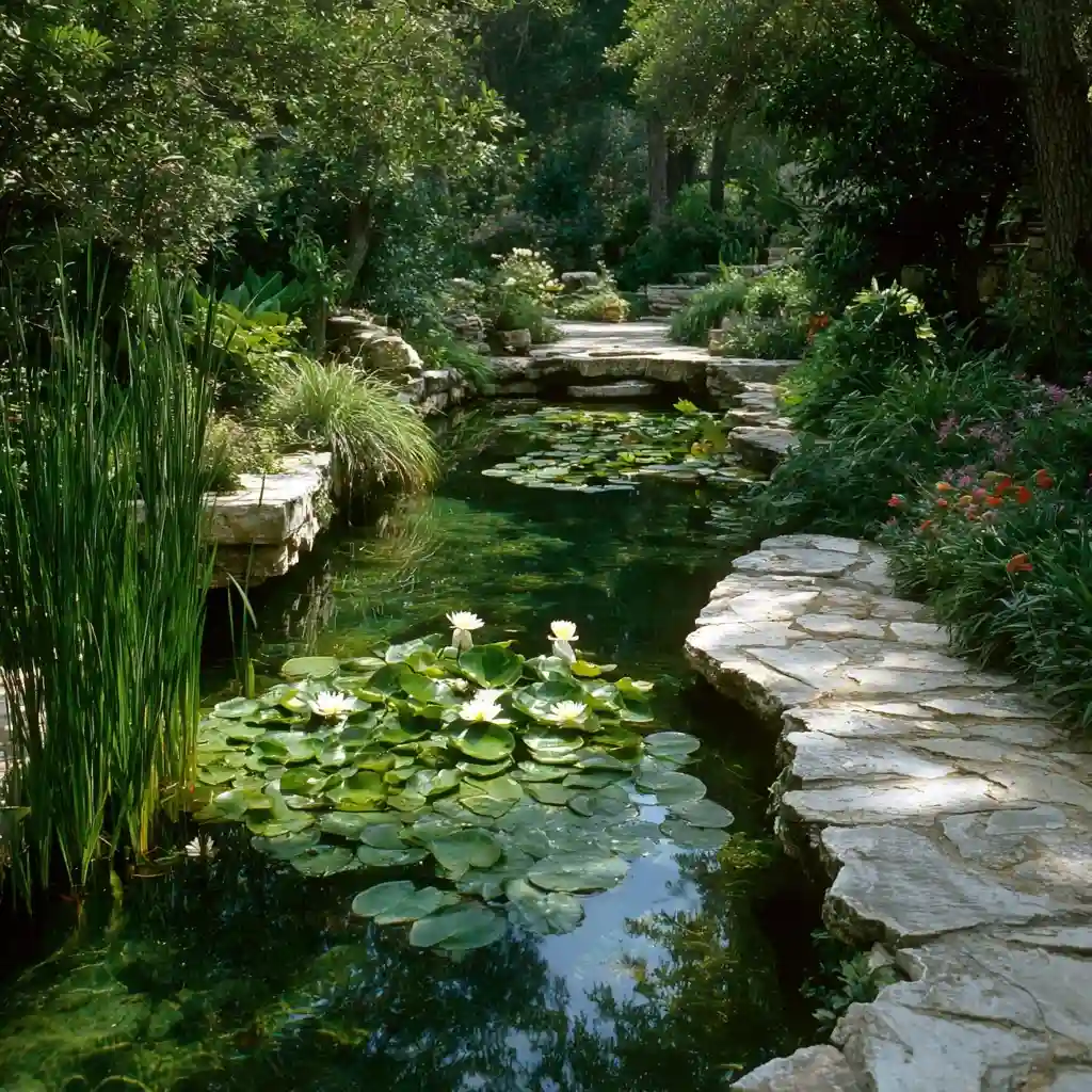 Pond Lining with White Stones