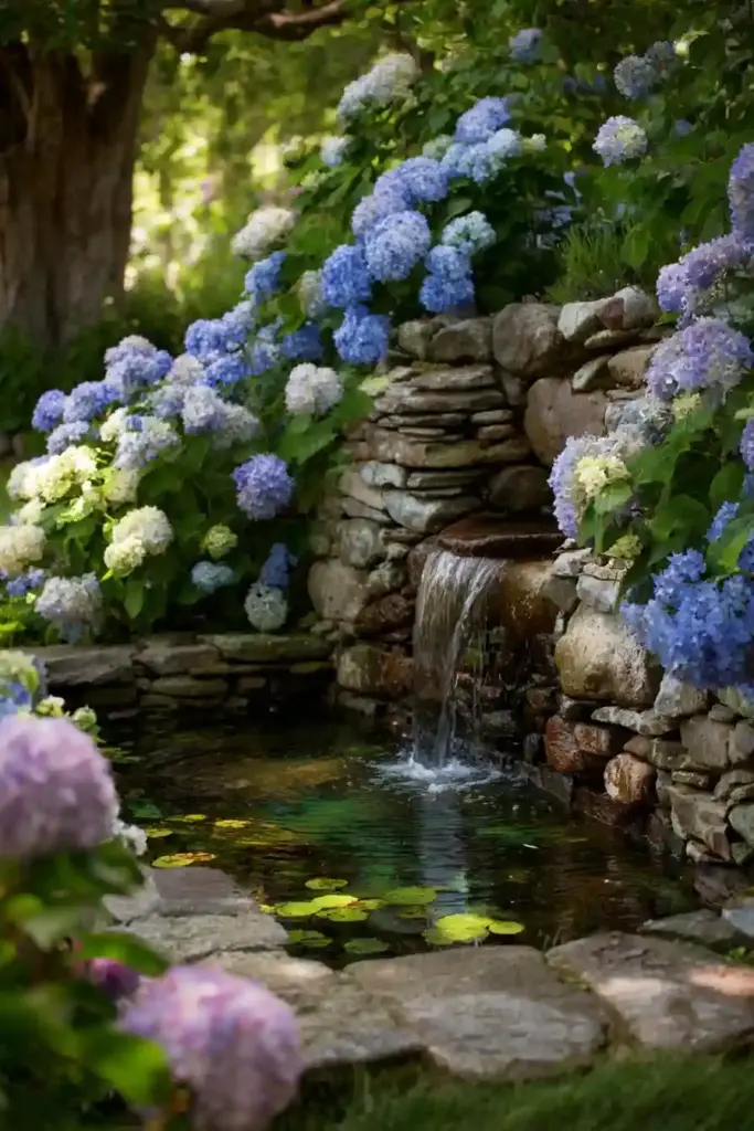 Hydrangeas Surrounding a Water Feature