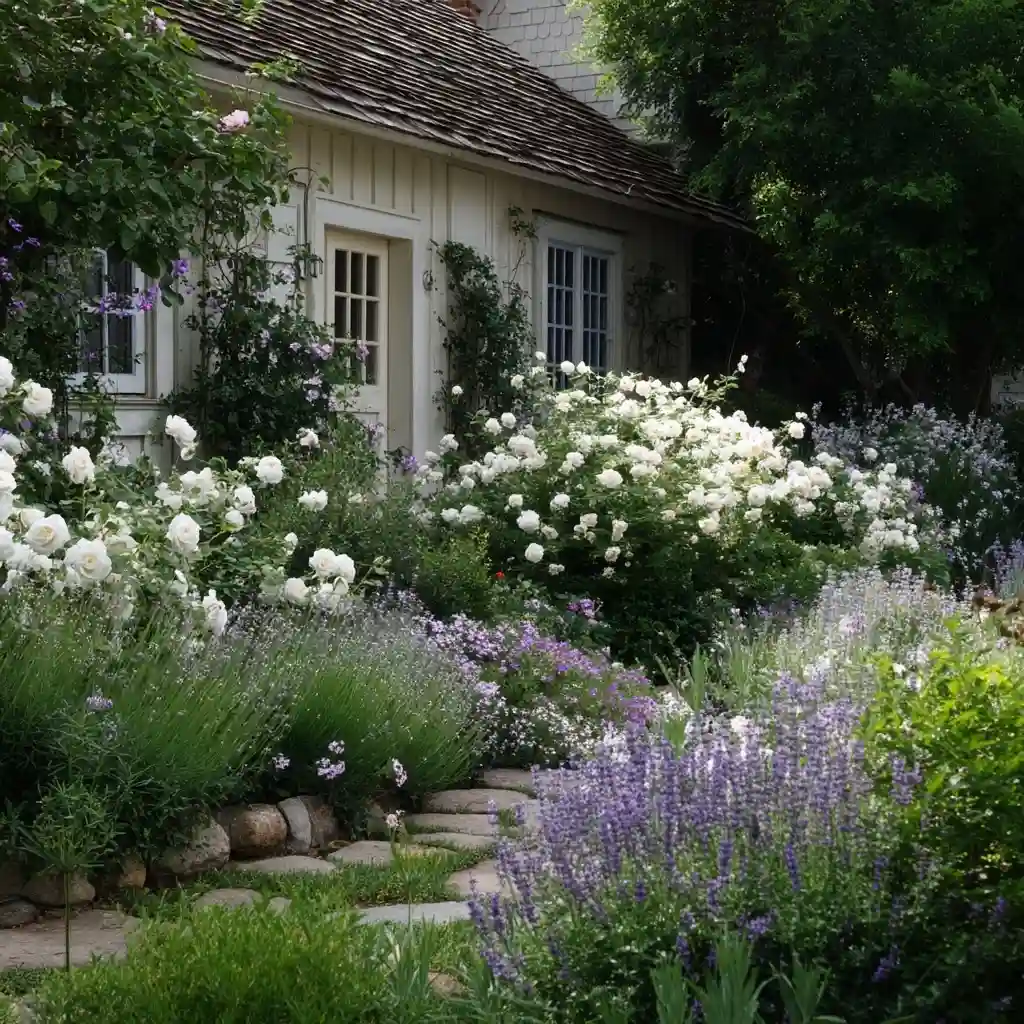 Serene White Floral Cottage Garden Design