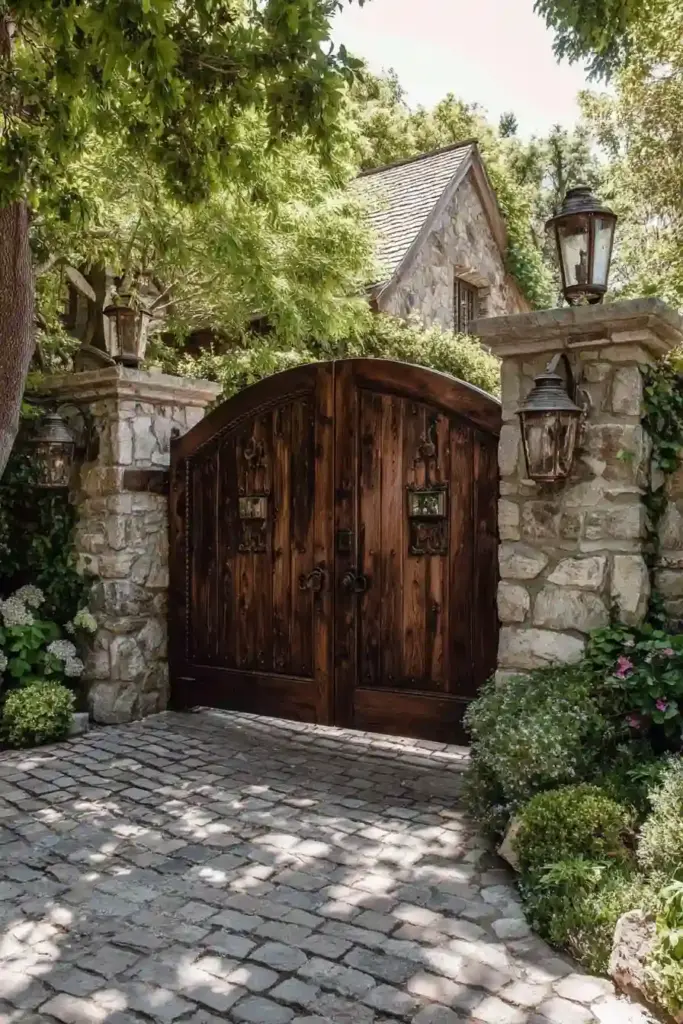 Arched Wooden Gates With Natural Stone Bordering