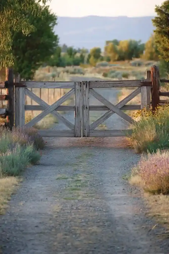 Weathered Wood Gates With Gravel Pathway