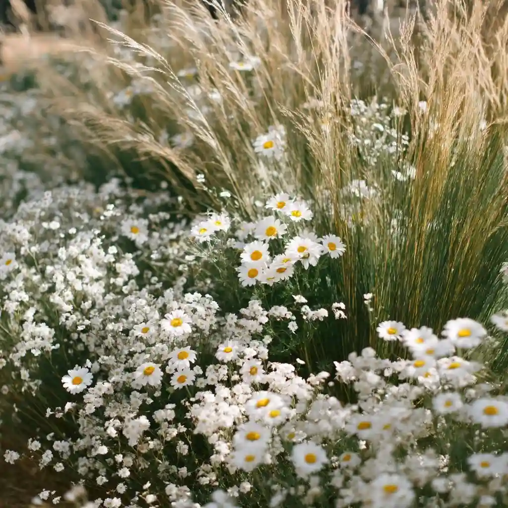 Serene White Floral Garden with Grasses