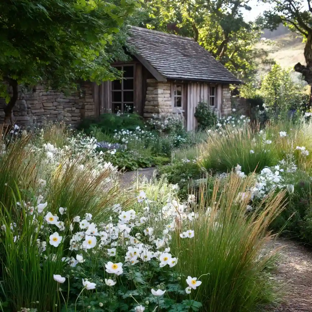 Serene White Flower Cottage Garden