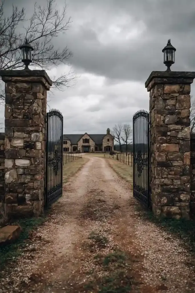 Black Iron Farm Gates With Rustic Stone Posts