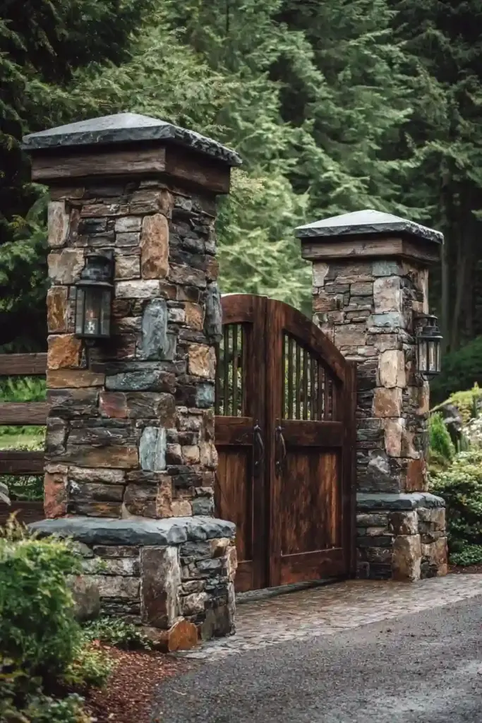 Natural Stone Columns and Wooden Swing Gates
