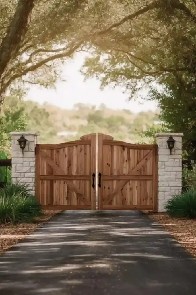 Cedar Plank Gates With White Stone Pillars