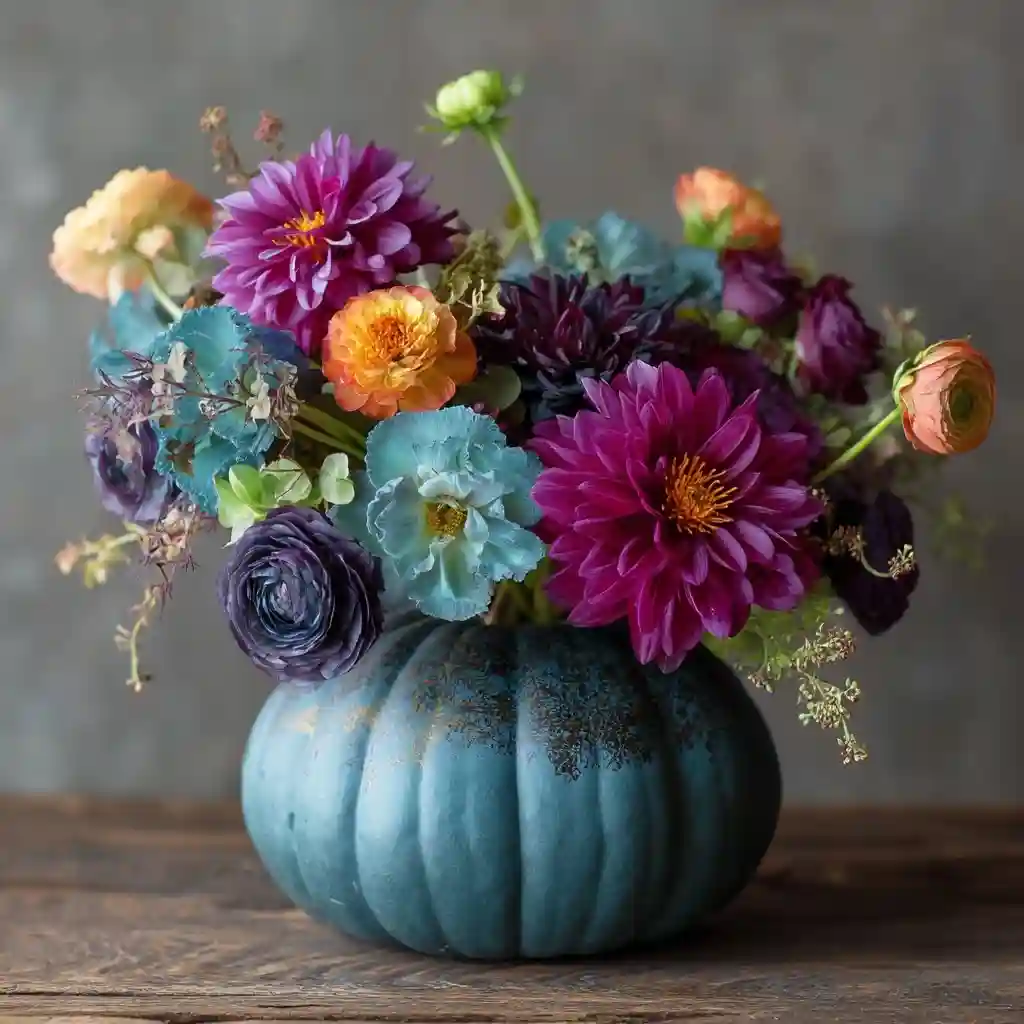 Blue/Green Heirloom Pumpkin with Jewel-Tone Blooms