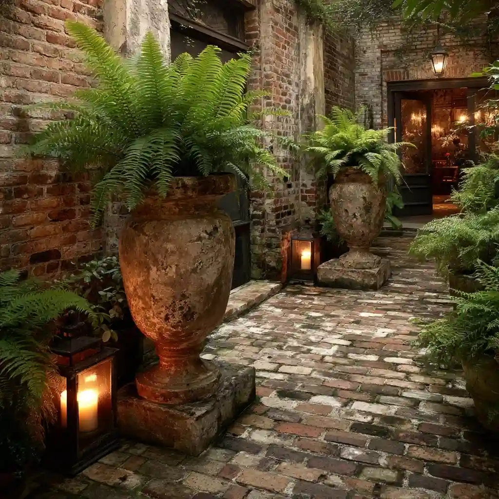 Vintage-Inspired Courtyard with Antique Urns, Weathered Brick, and Ferns