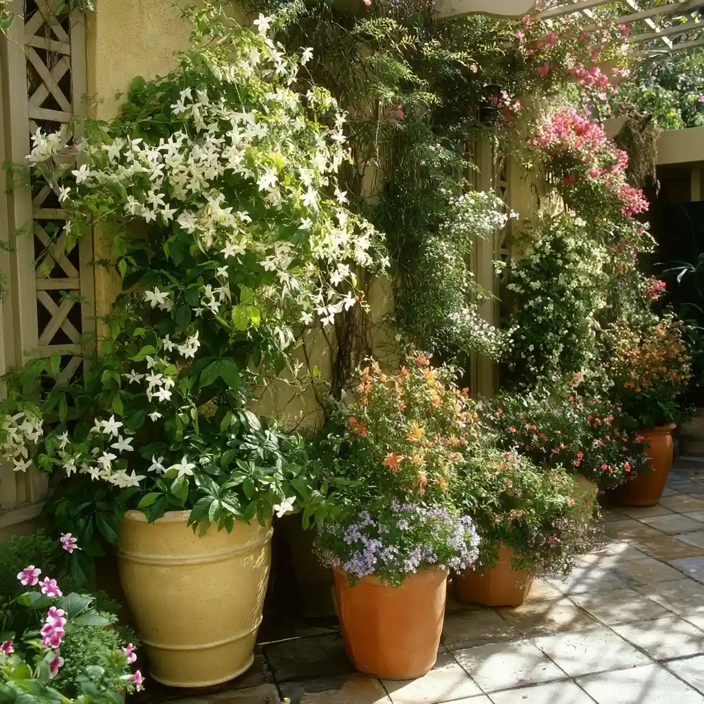 Corner Landscaping with Pots and Climbers
