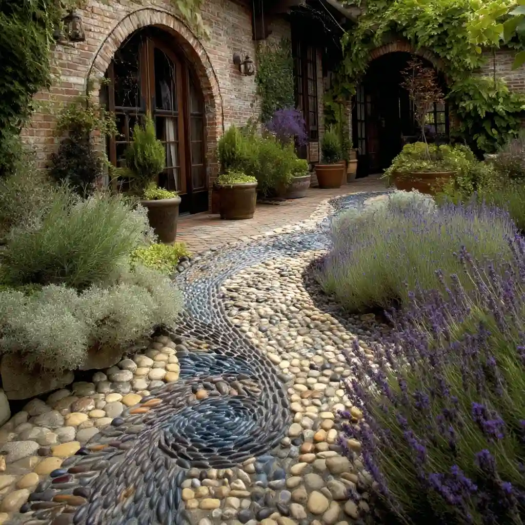 Artistic Pebble Mosaic Walkways Weaving Through Aromatic Planting