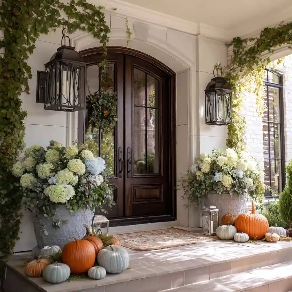 Porch Urns: Pumpkins with Trailing Ivy & Hydrangea