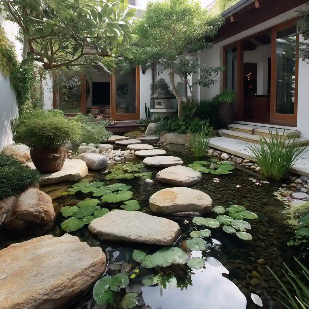 Courtyard Pond with Floating Lilies and Sculptural Stepping Stones