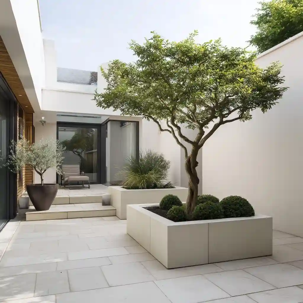 Minimalist Stone Courtyard with Oversized Planters and a Single Statement Tree