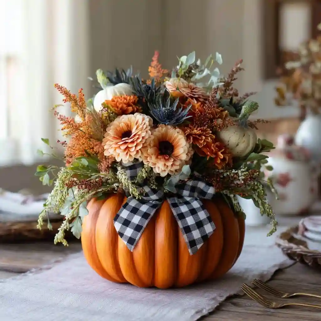 Buffalo-Check Ribbon Pumpkin Bouquet