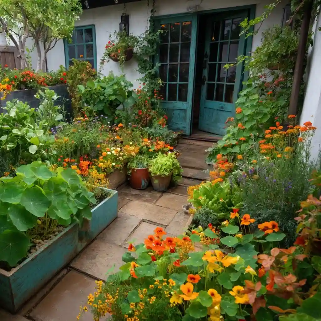 Cottage-Style Courtyard Bursting with Edible Flowers and Salad Greens