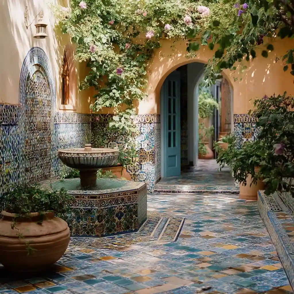 Moroccan Courtyard with Patterned Tile Fountain and Trailing Jasmine