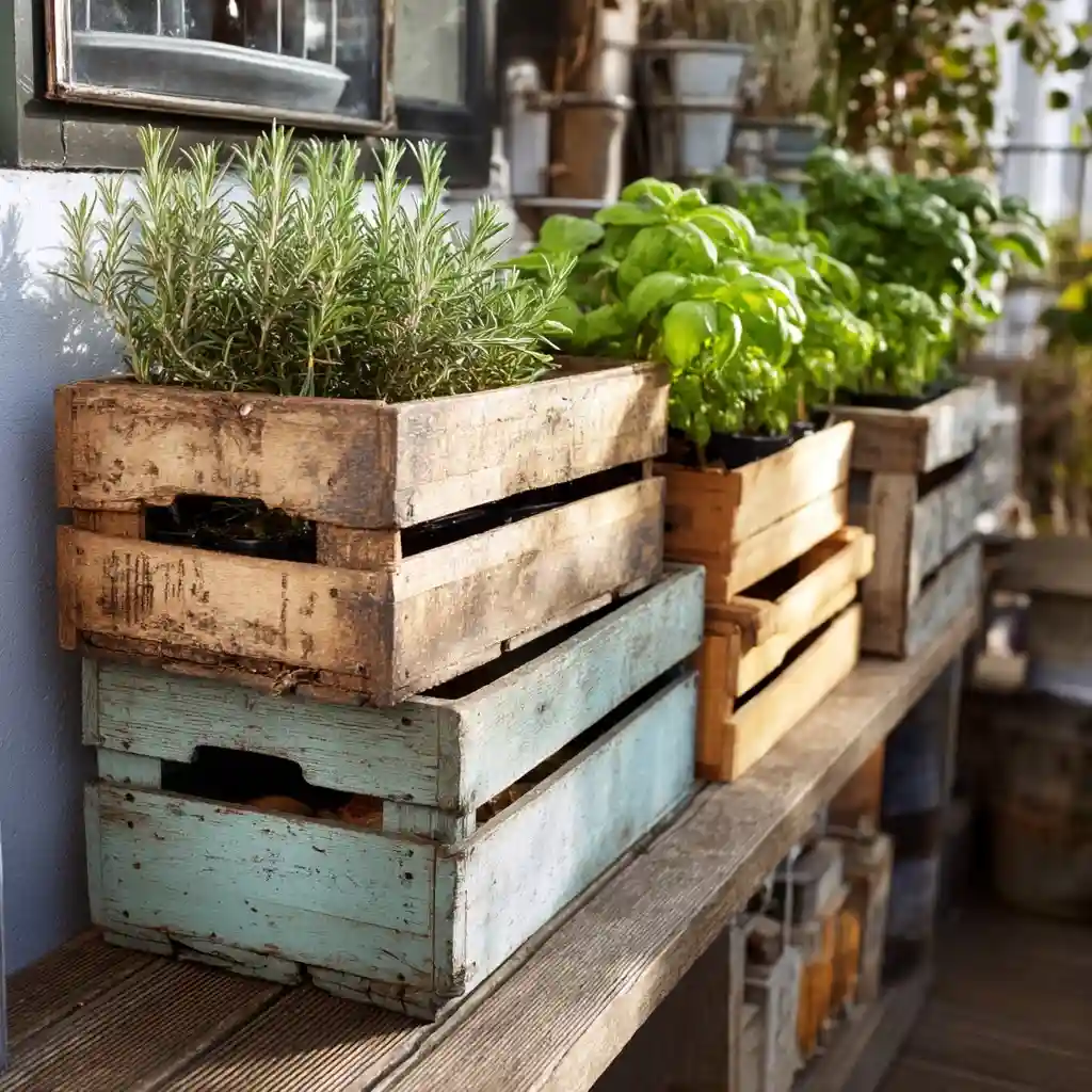 Repurposed Wooden Crate Herb Garden