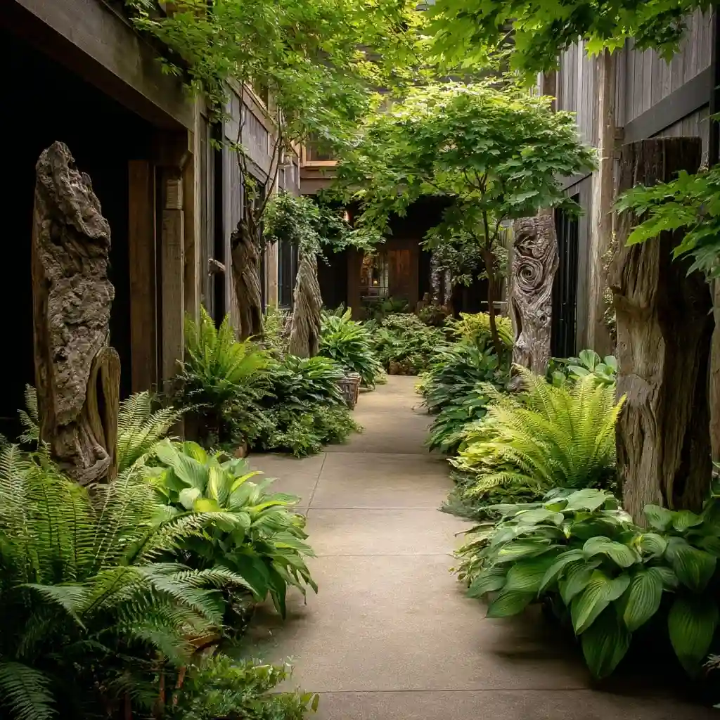 Shade-Loving Fern and Hosta Garden with Driftwood Accents