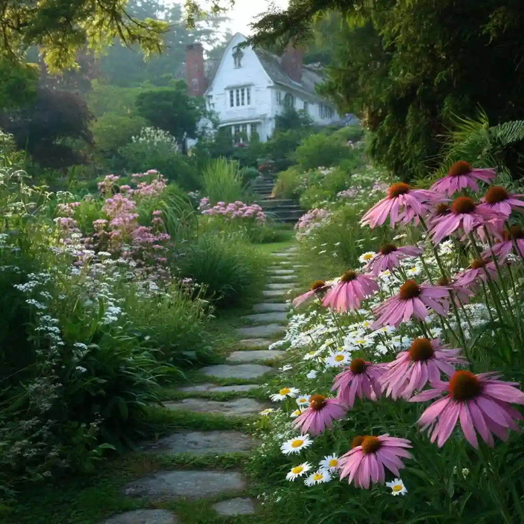 Pink and White Flowers in a Garden