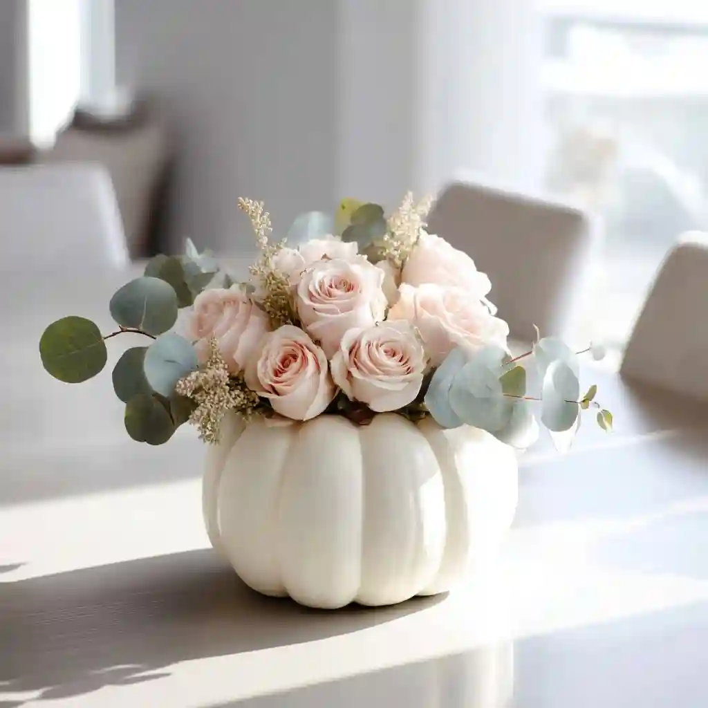 White Pumpkin Centerpiece with Eucalyptus & Roses