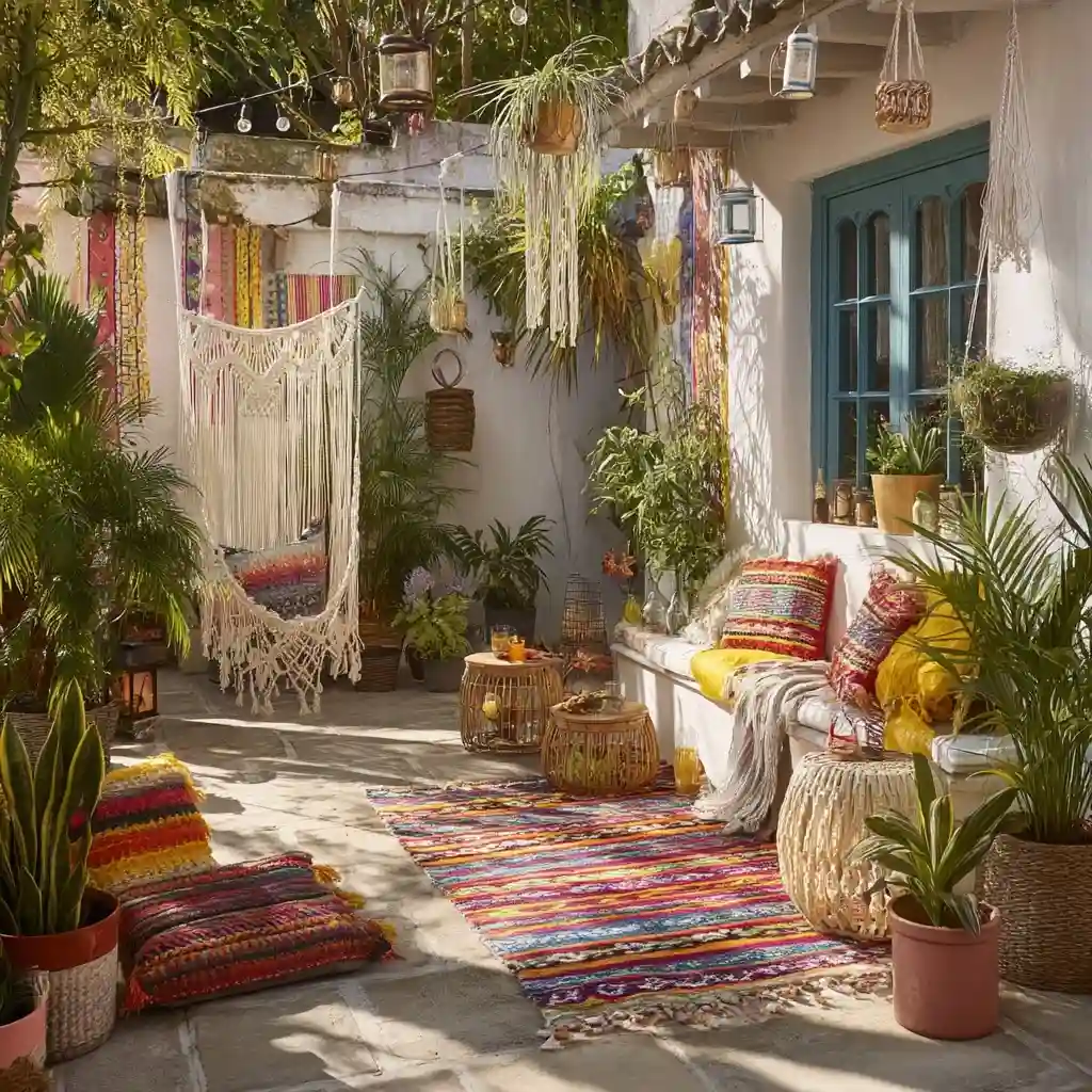 Bohemian Hideaway with Macramé Plant Hangers and Potted Tropicals