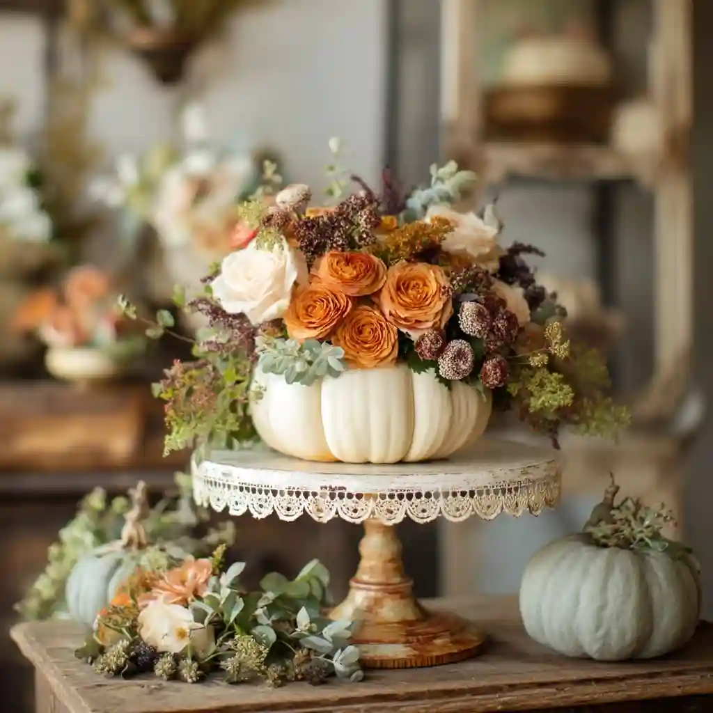 Pumpkin on Cake Stand with Cascading Florals