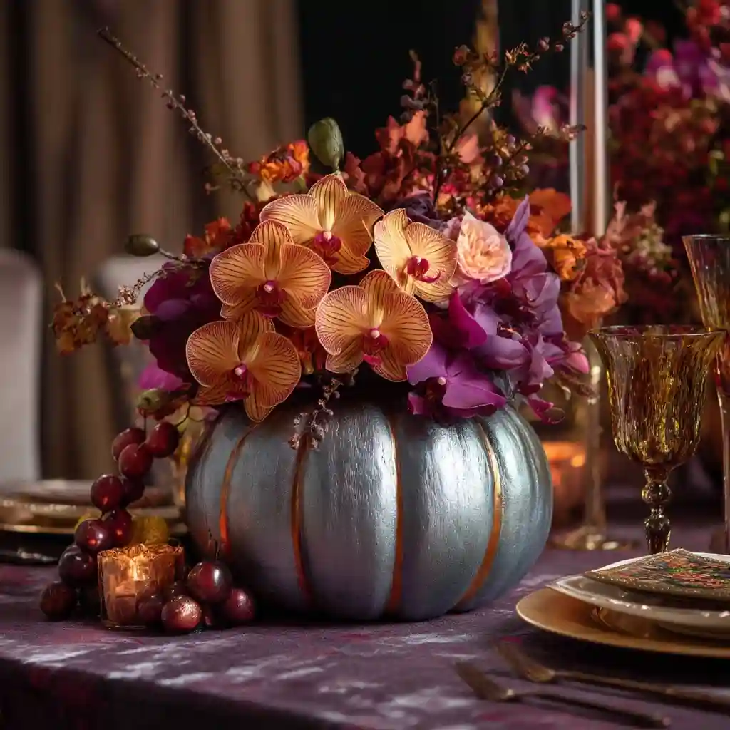 Metallic-Accented Pumpkin with Orchids & Berries