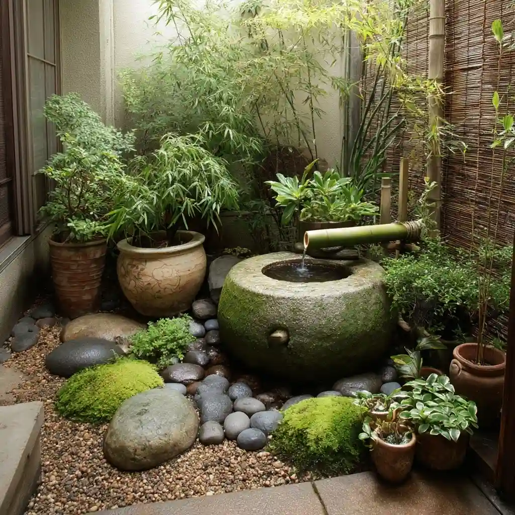 Miniature Zen Oasis with a Bubbling Bamboo Water Feature