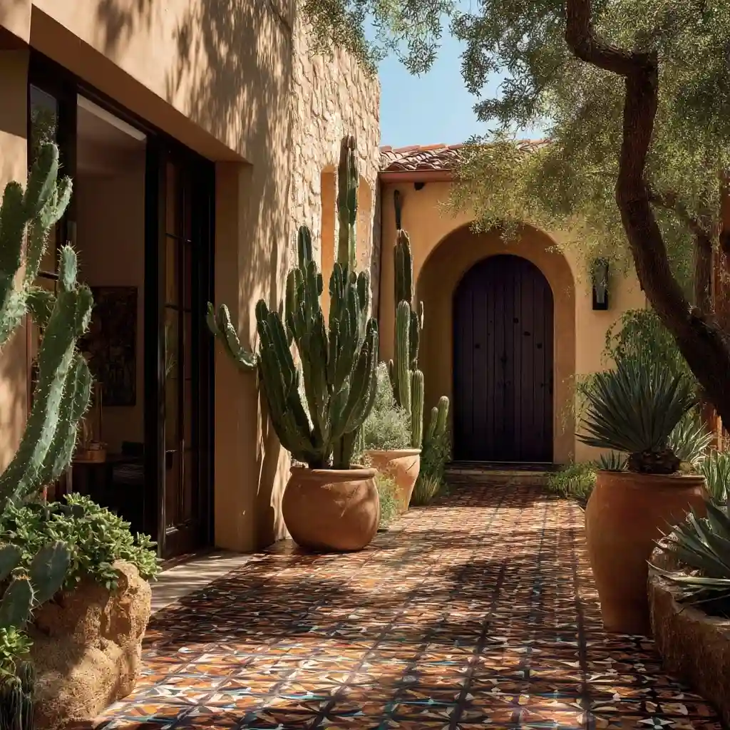 Sculptural Cactus Courtyard Paired with Patterned Terracotta Tile Flooring