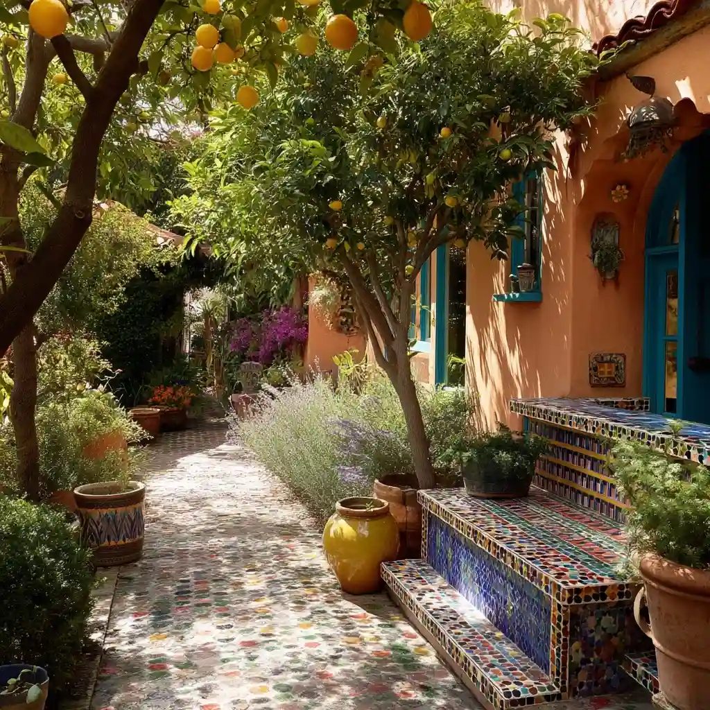 Mediterranean Courtyard with Lemon Trees, Lavender Borders, and Mosaic Benches
