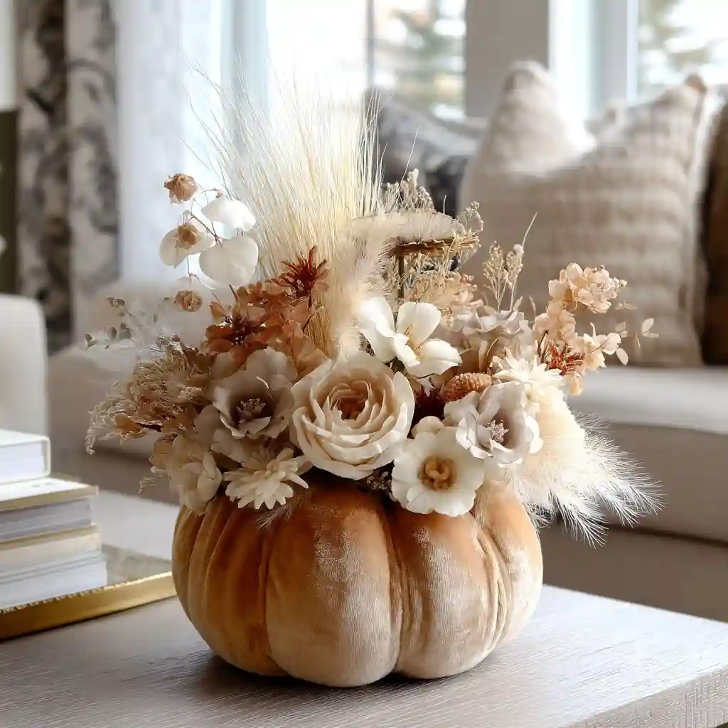 Neutral “Velvet + Faux Florals” Pumpkin