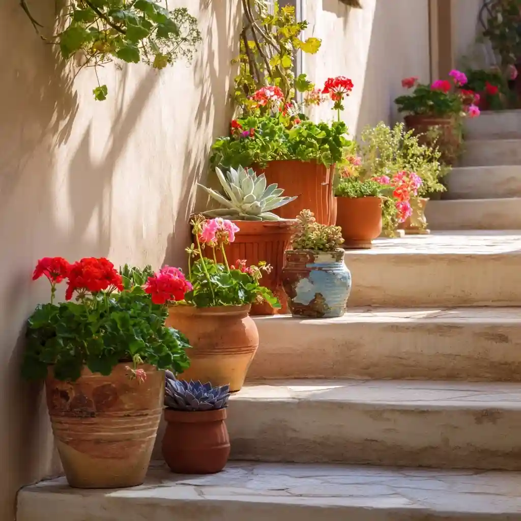 Potted Plants on Sunny Steps