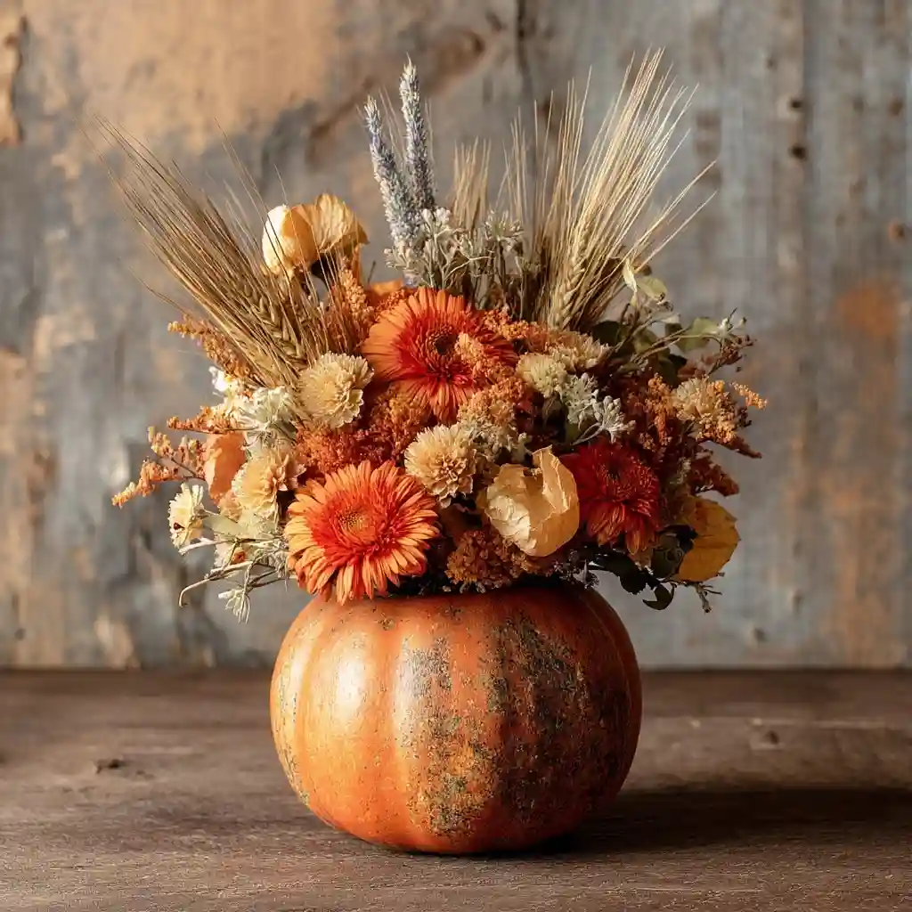 Dried Wheat & Aster Pumpkin Arrangement