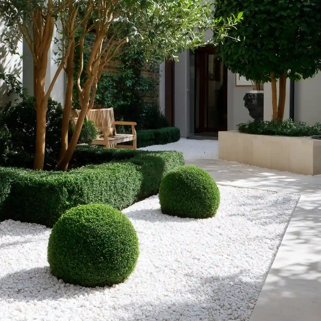 Modern Geometric Garden Beds with Crisp White Gravel and Boxwood Spheres