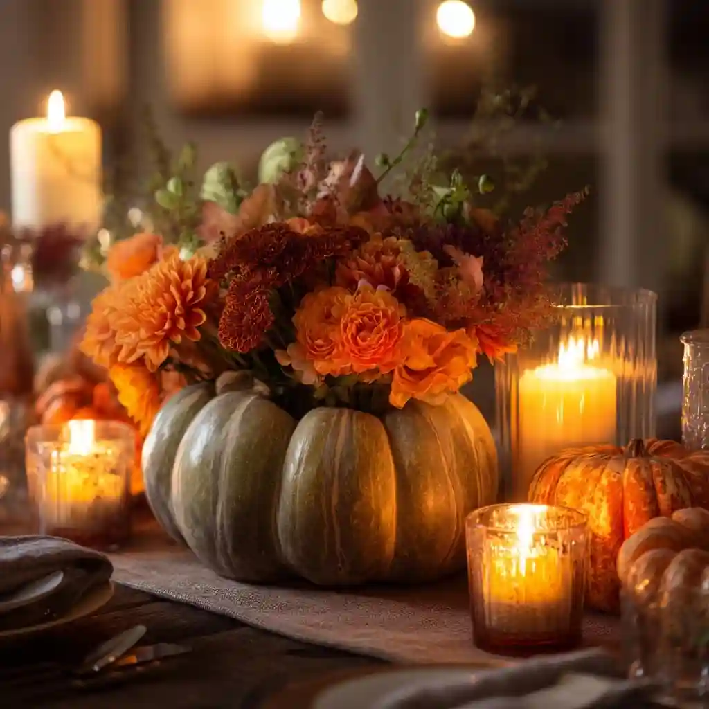 Candle-and-Pumpkin Floral Tablescape
