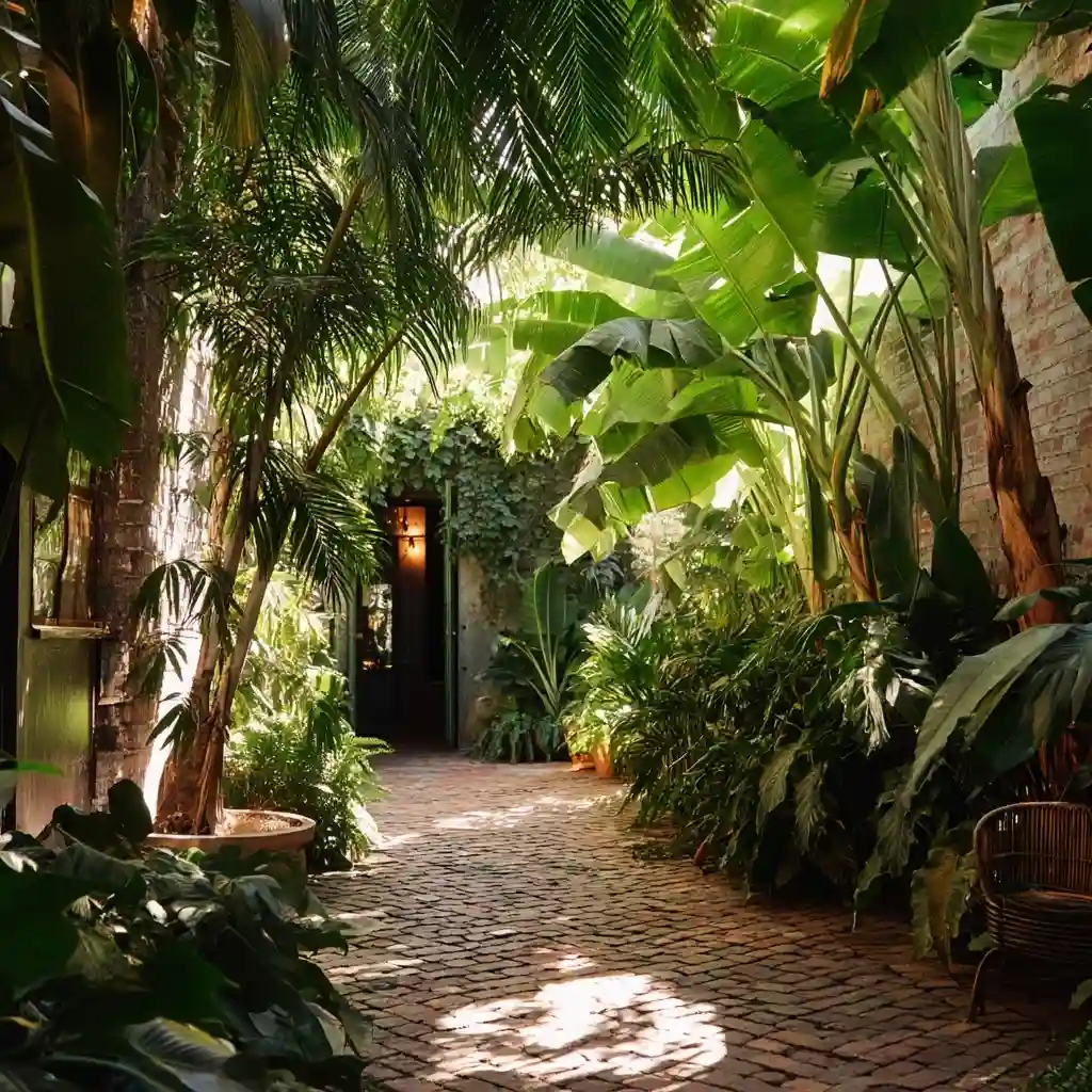 Lush Tropical Courtyard Featuring Banana Palms and Dramatic Shadow Play