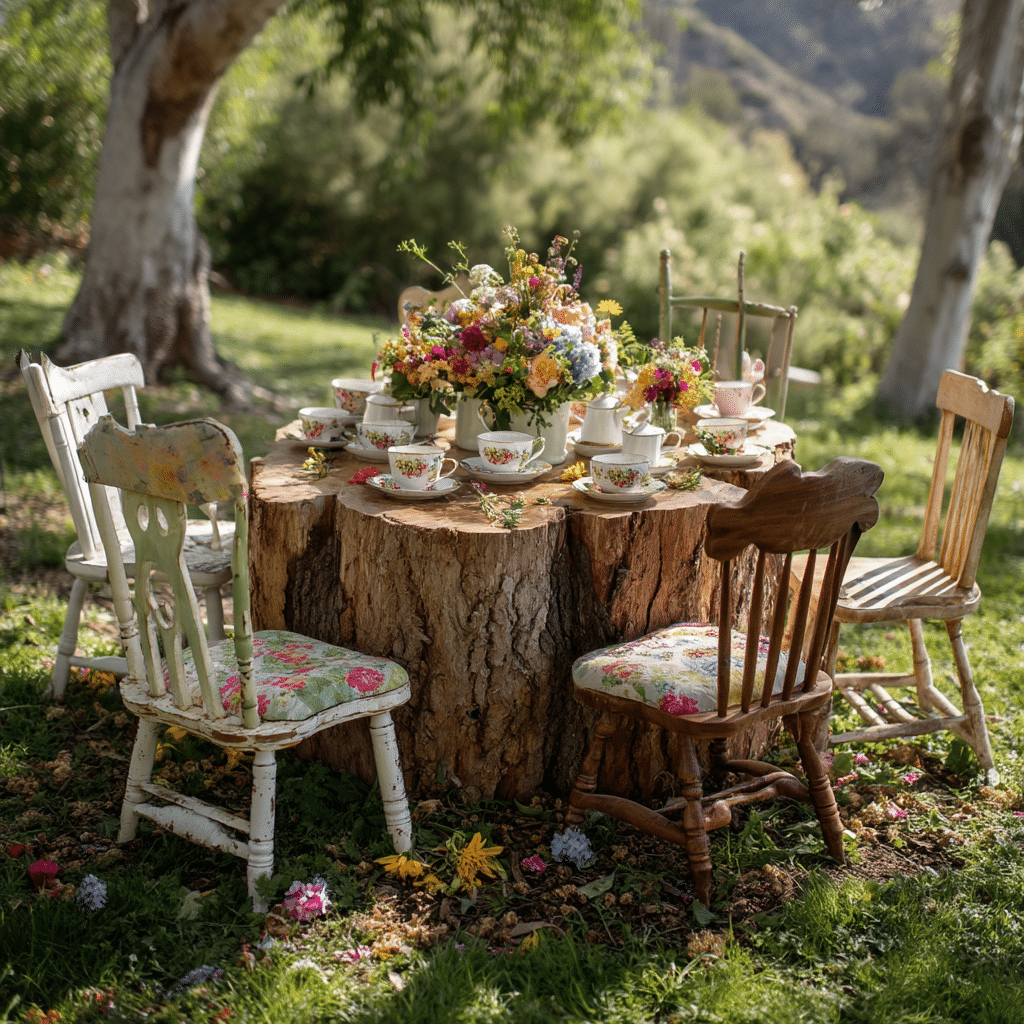 Tree Stump Tea Party Setup