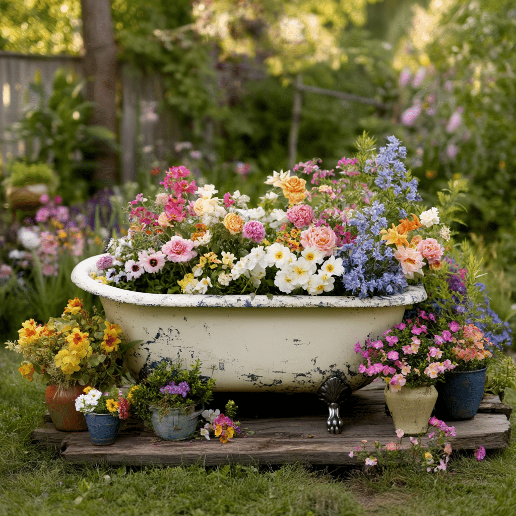 Upcycled Bathtub Flower Garden